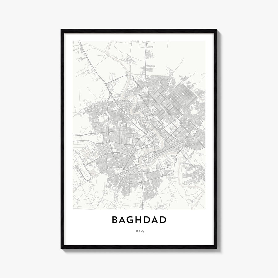 Baghdad black & white map poster of Iraq – vertical wall art, unframed print shown in interior mockup