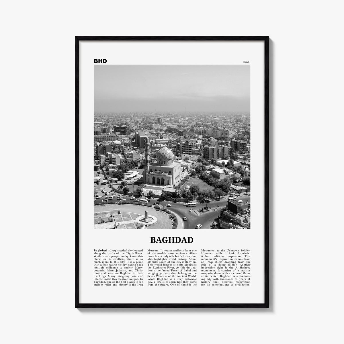 Baghdad black & white newspaper poster of Iraq – vertical wall art, unframed print shown in interior mockup