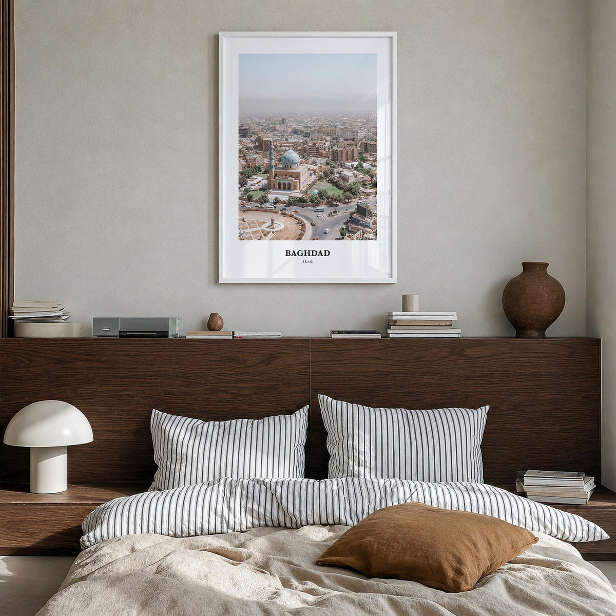 Baghdad colorful classic poster of Iraq – vertical wall art in white wood frame, hanging on wall