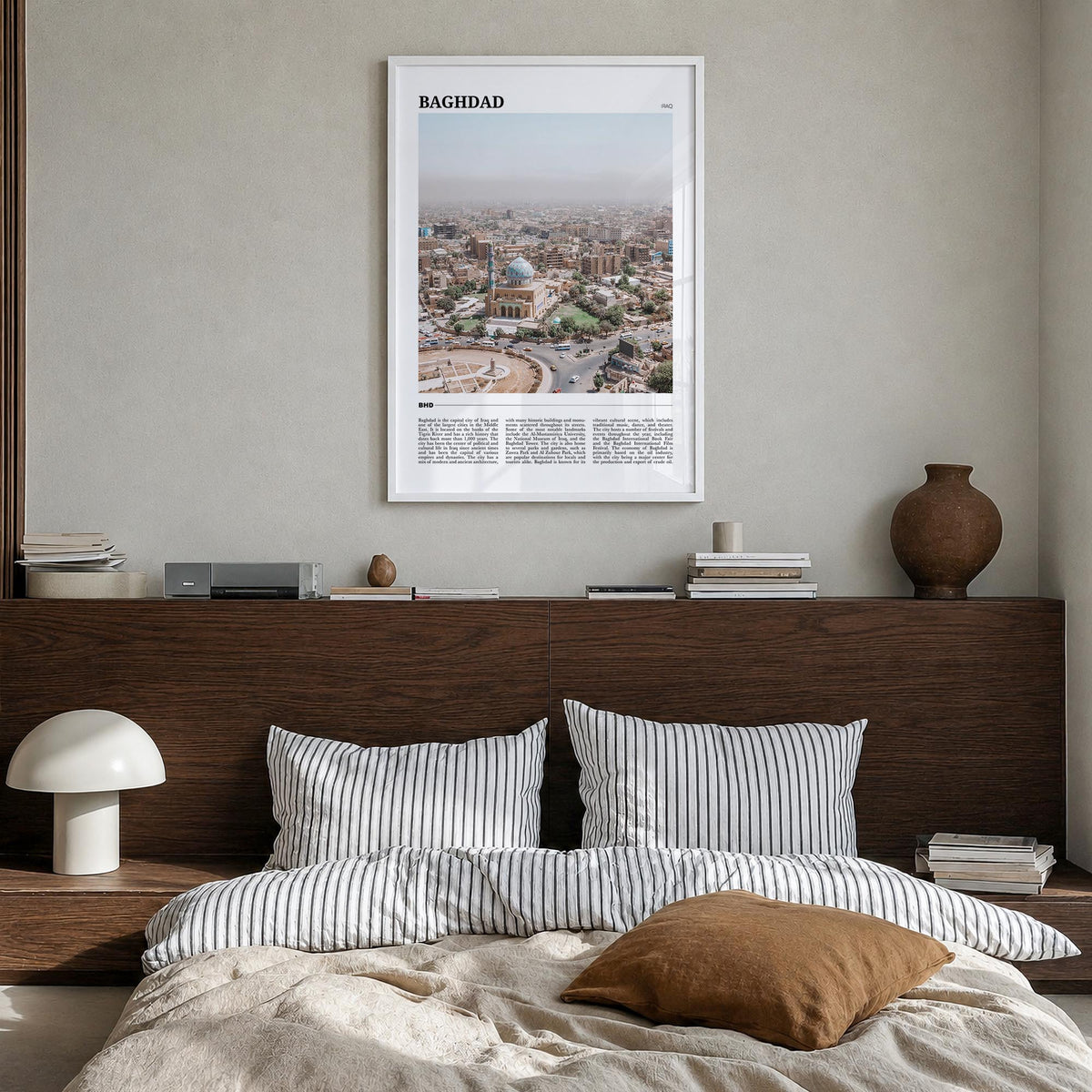 Baghdad no. 1 colorful travel poster of Iraq – vertical wall art in white wood frame, hanging on wall