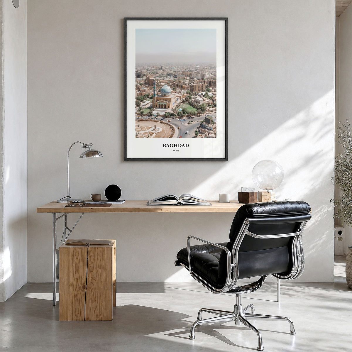 Baghdad Classic Poster in a black wood frame, hanging in a bright home office