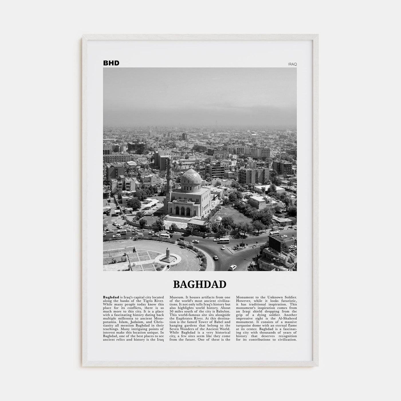 Baghdad Poster White Wood / 8x12 in Nbourhood Travel B&W Poster