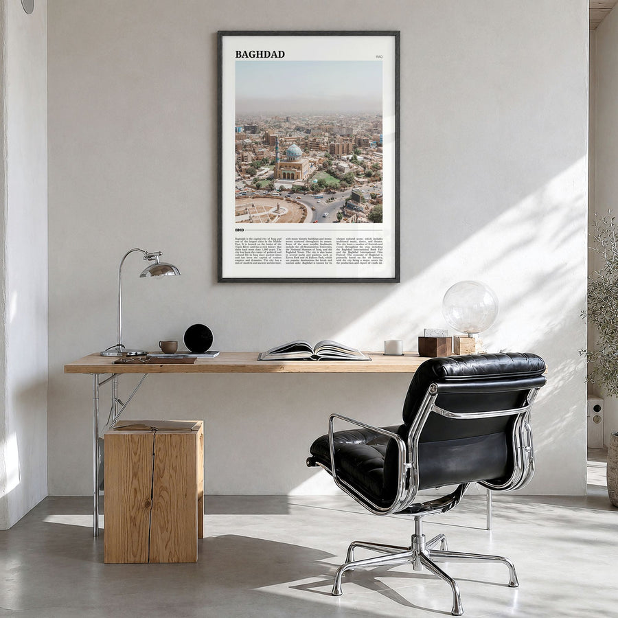 Baghdad Travel No 1 Poster in a black wood frame, hanging in a bright home office