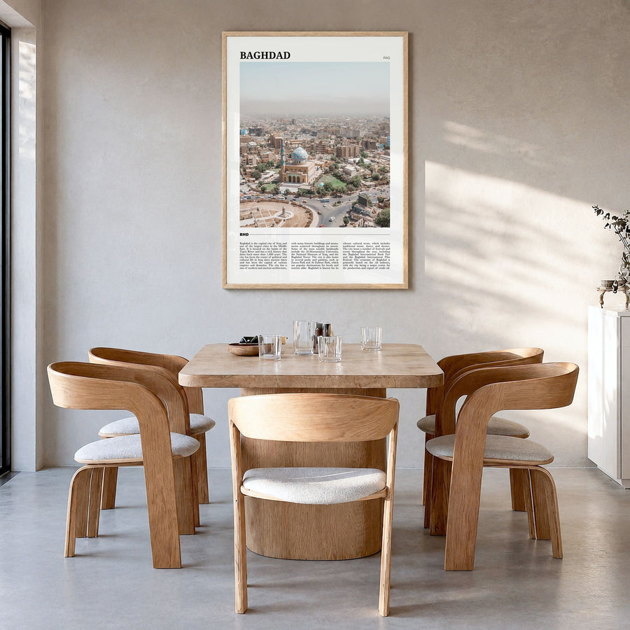 Baghdad Travel No 1 Poster in a natural wood frame, hanging in a dining room