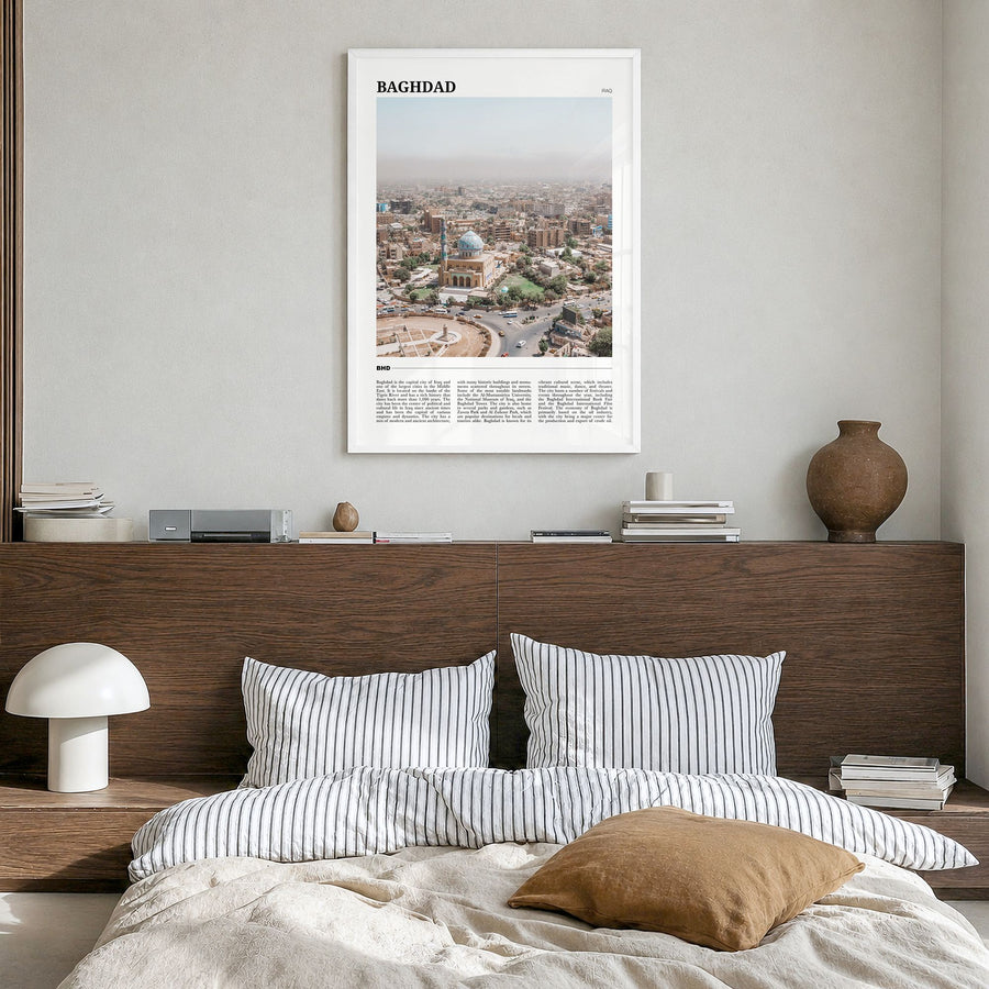 Baghdad Travel No 1 Poster in a white wood frame, hanging in a bedroom