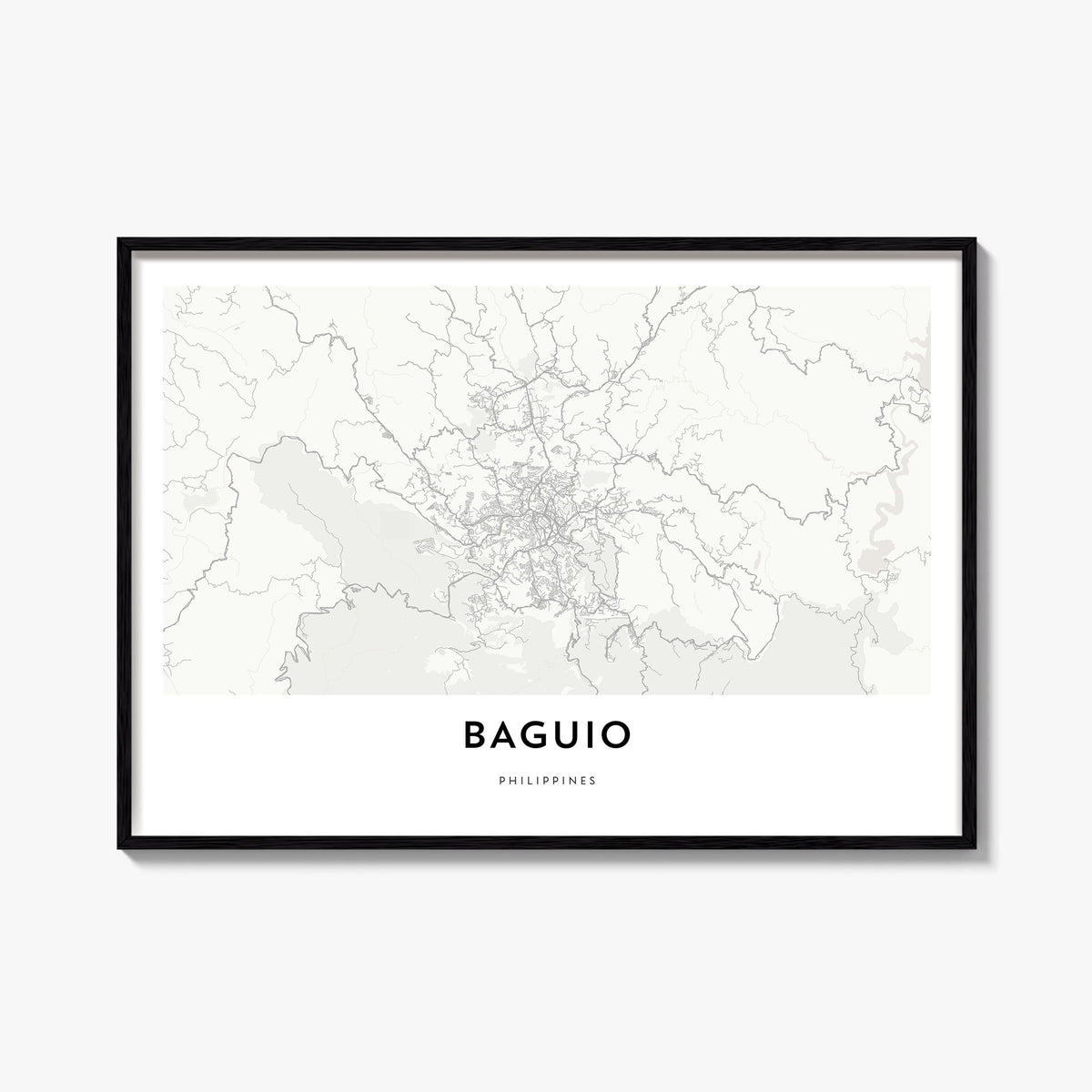 Baguio black & white map poster of Philippines – horizontal wall art, unframed print shown in interior mockup