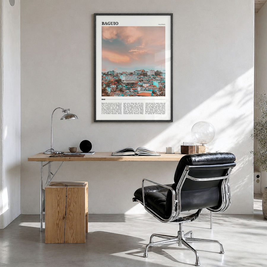 Baguio Travel Poster in a black wood frame, hanging in a bright home office