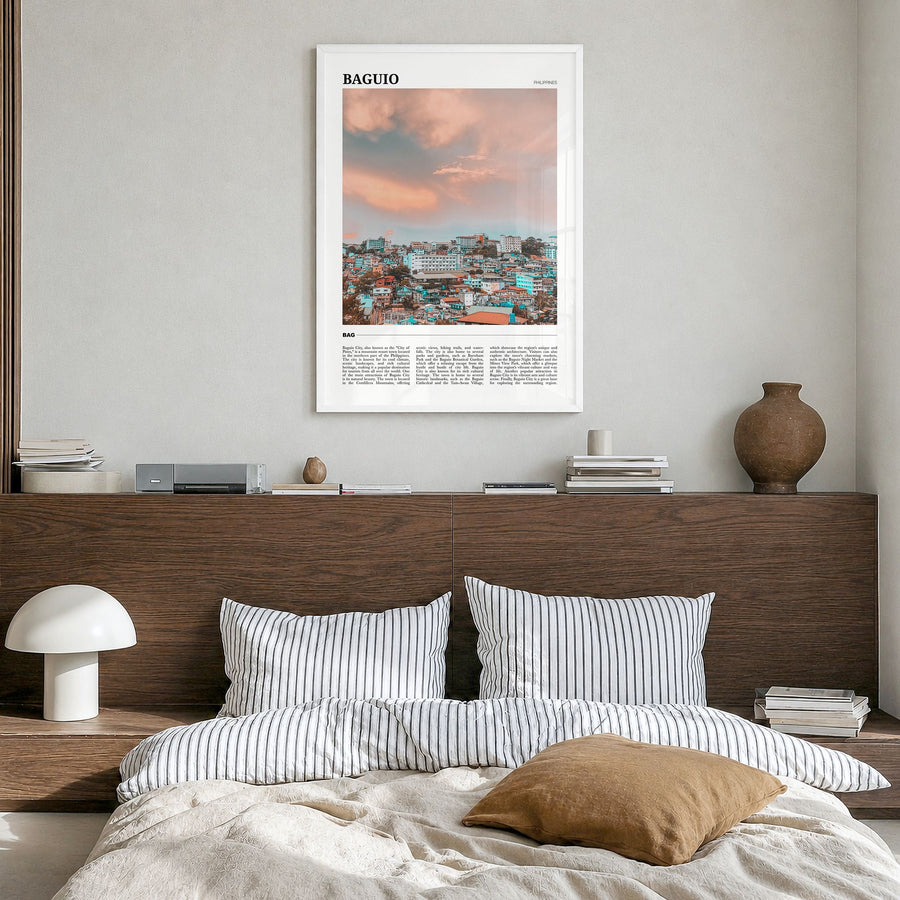 Baguio Travel Poster in a white wood frame, hanging in a bedroom