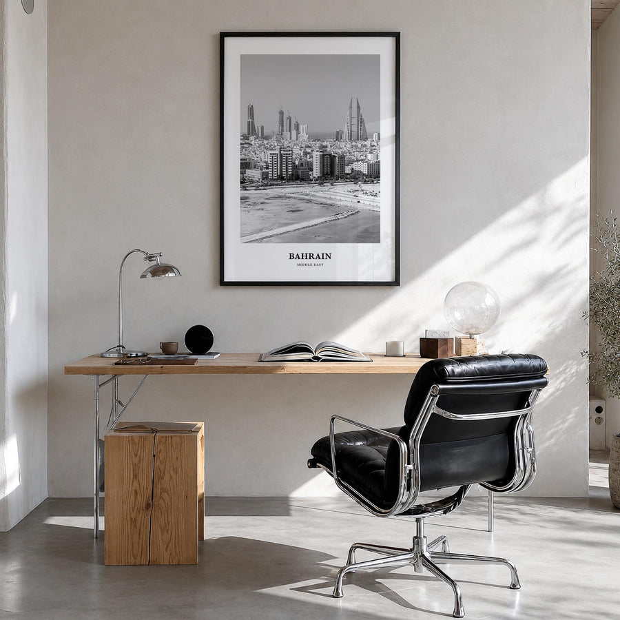 Bahrain black & white classic poster of Middle East – vertical wall art in black wood frame, hanging on wall