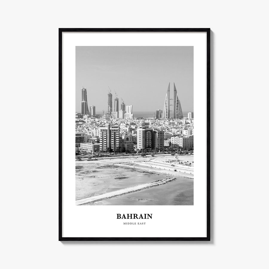 Bahrain black & white classic poster of Middle East – vertical wall art, unframed print shown in interior mockup