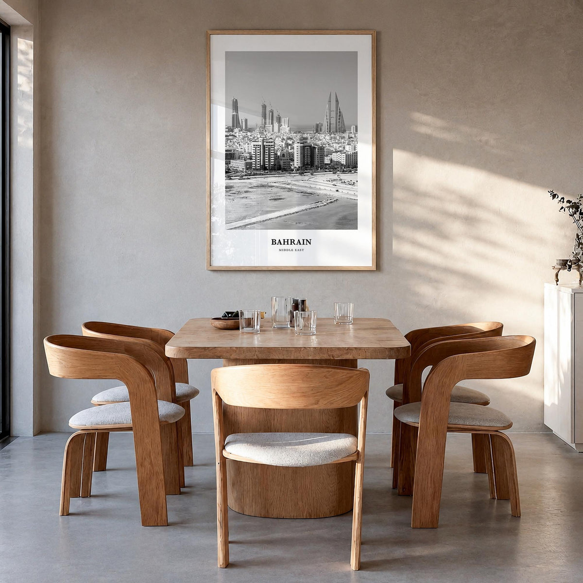 Bahrain black & white classic poster of Middle East – vertical wall art in natural wood frame, hanging on wall