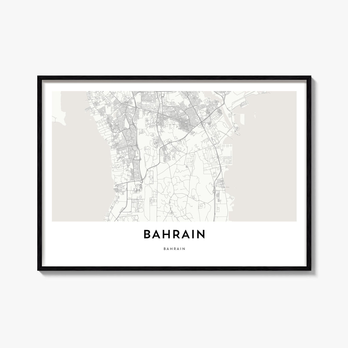 Bahrain black & white map poster of Middle East – horizontal wall art, unframed print shown in interior mockup