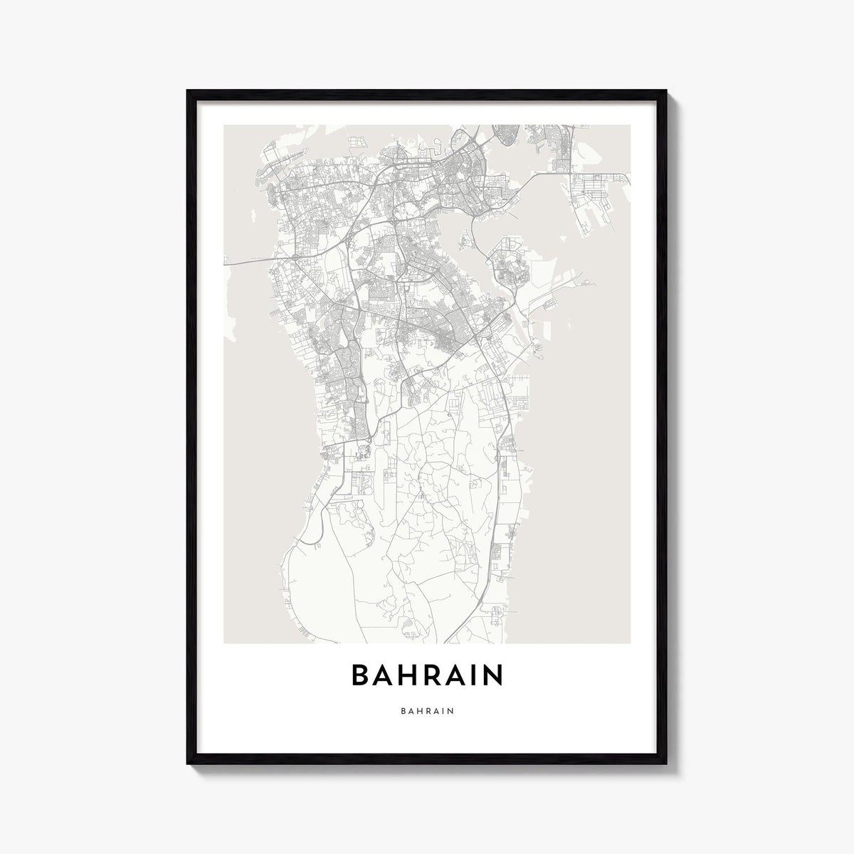 Bahrain black & white map poster of Middle East – vertical wall art, unframed print shown in interior mockup