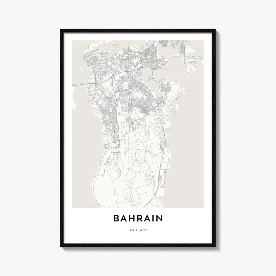 Bahrain black & white map poster of Middle East – vertical wall art, unframed print shown in interior mockup