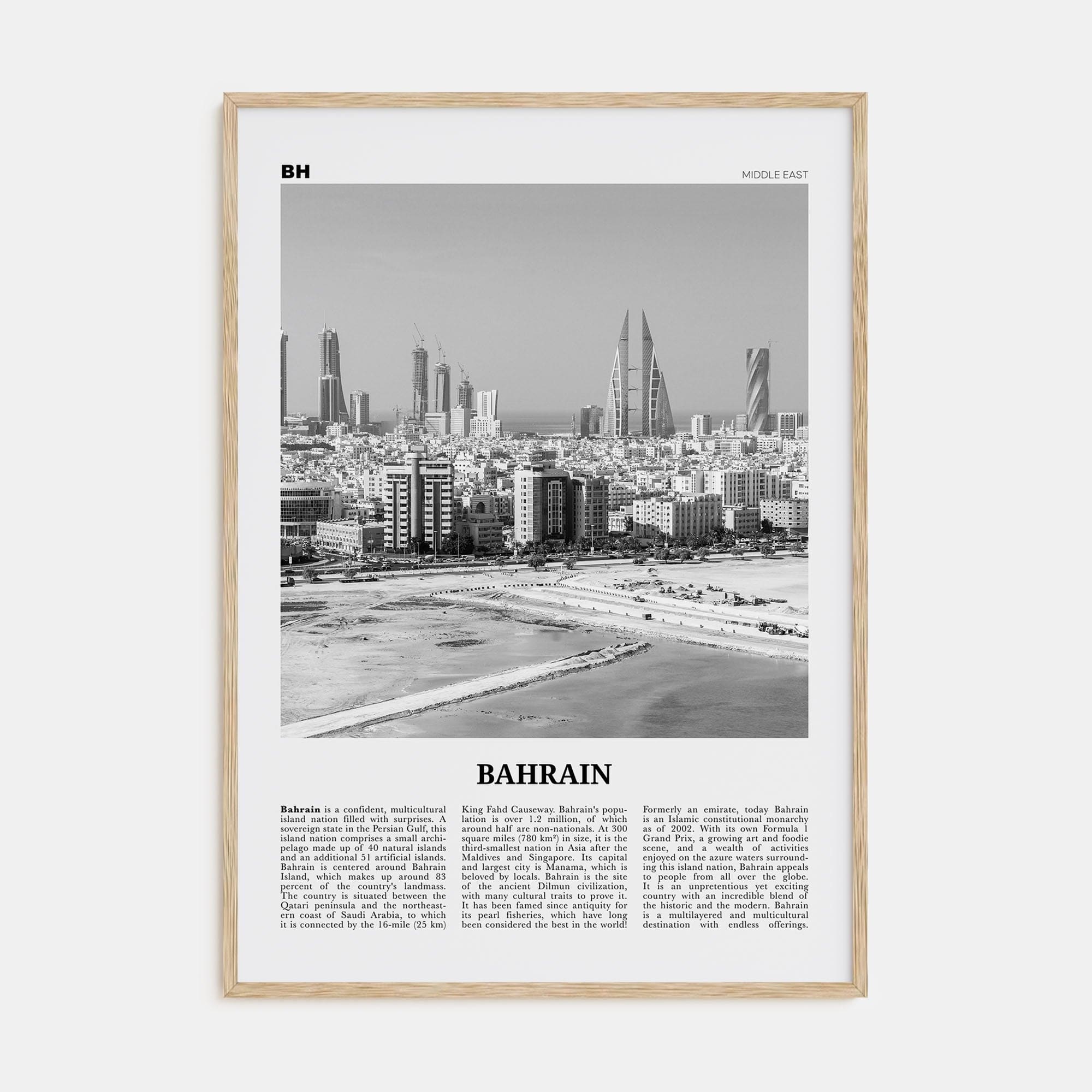 Bahrain Poster Natural Wood / 8x12 in Nbourhood Travel B&W Poster