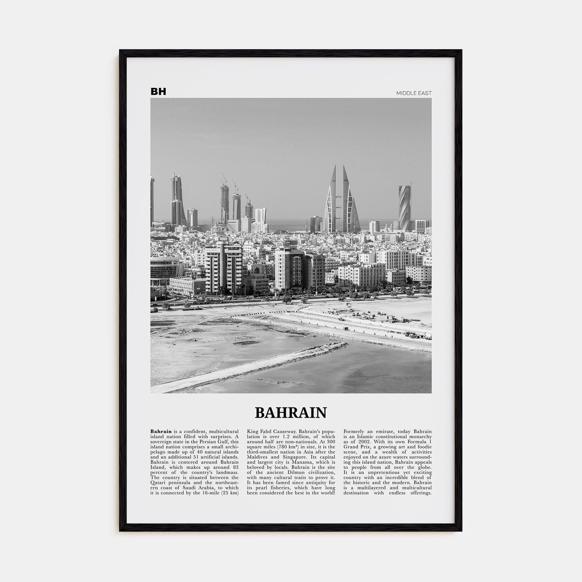 Bahrain Poster Black Wood / 8x12 in Nbourhood Travel B&W Poster