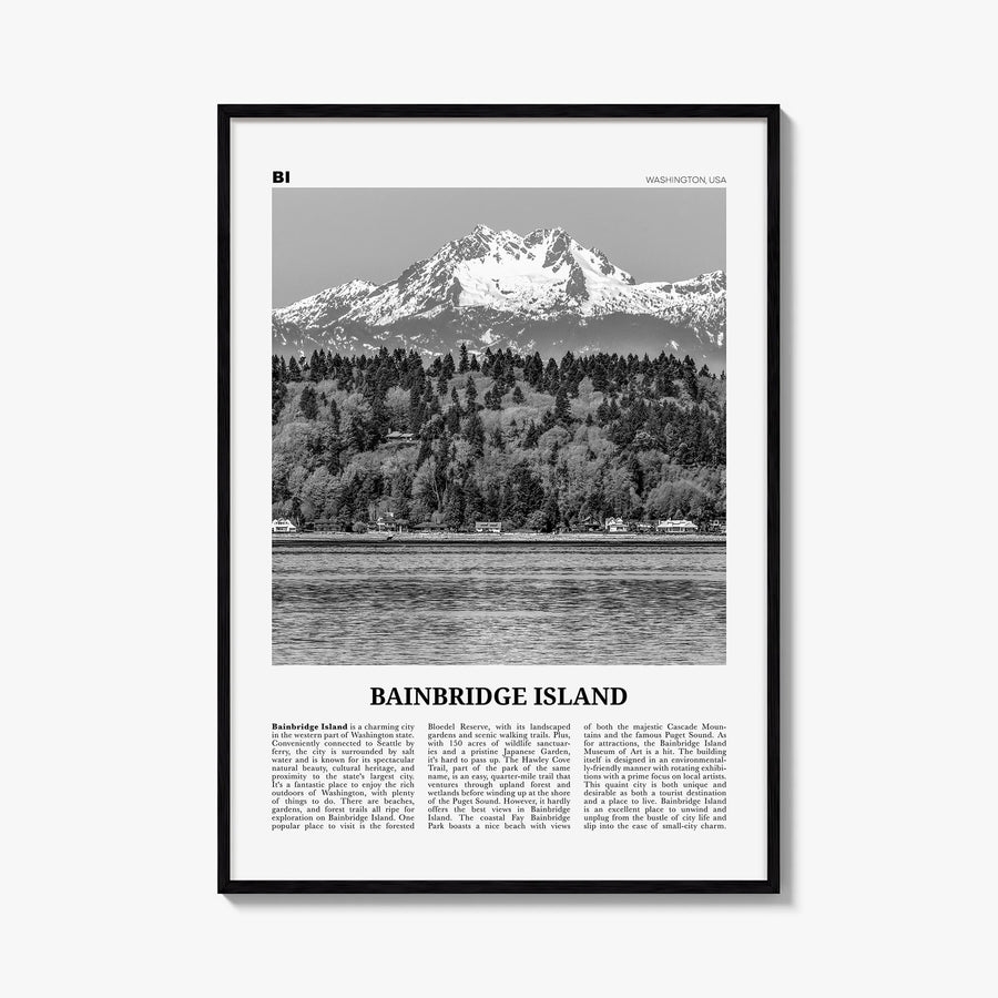 Bainbridge Island black & white newspaper poster of Washington, USA – vertical wall art, unframed print shown in interior moc