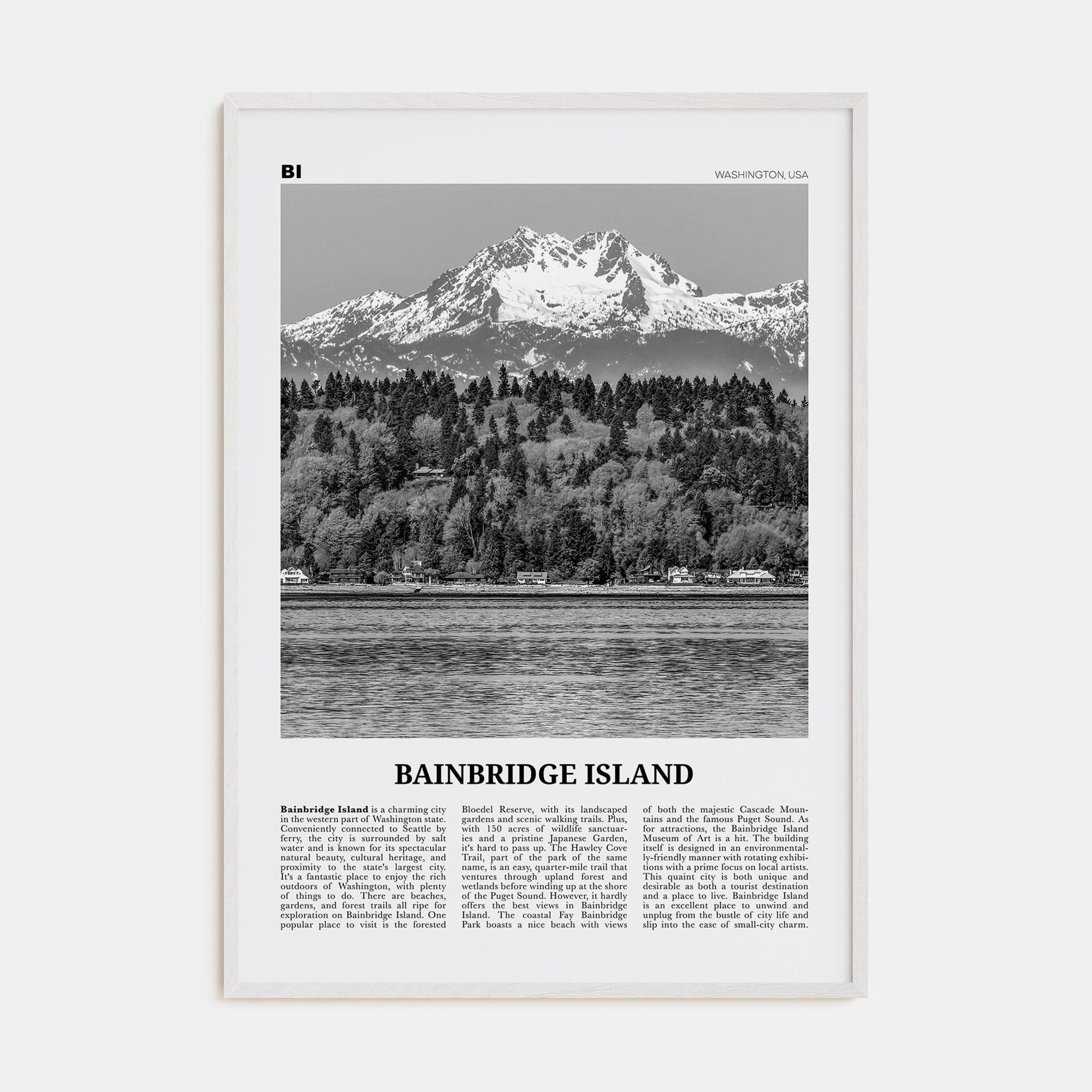 Bainbridge Island Poster White Wood / 8x12 in Nbourhood Travel B&W Poster