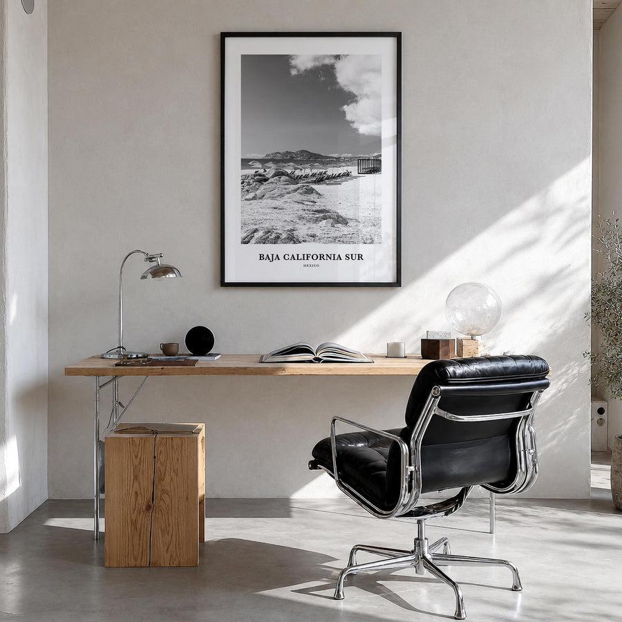 Baja California Sur black & white classic poster of Mexico – vertical wall art in black wood frame, hanging on wall