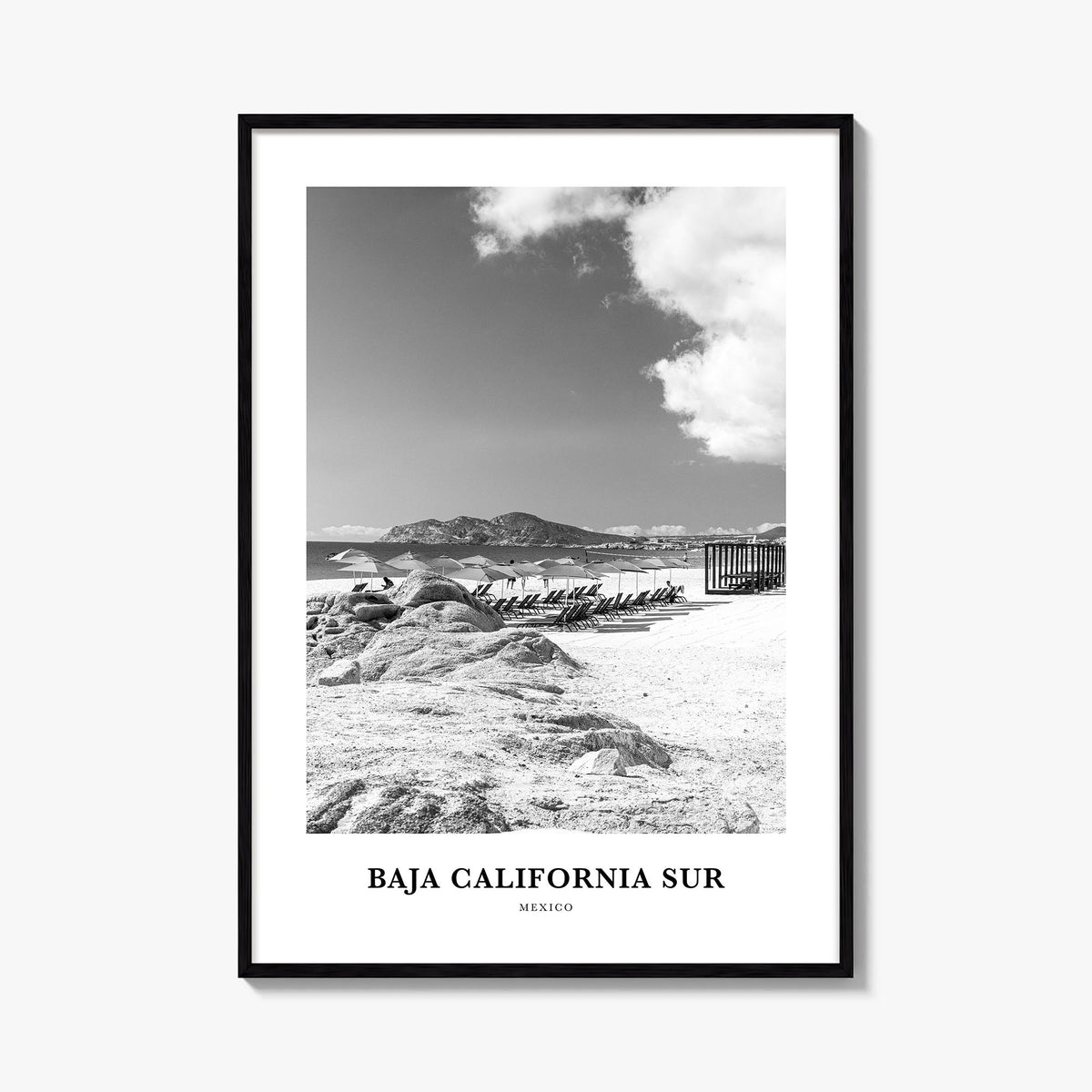 Baja California Sur black & white classic poster of Mexico – vertical wall art, unframed print shown in interior mockup
