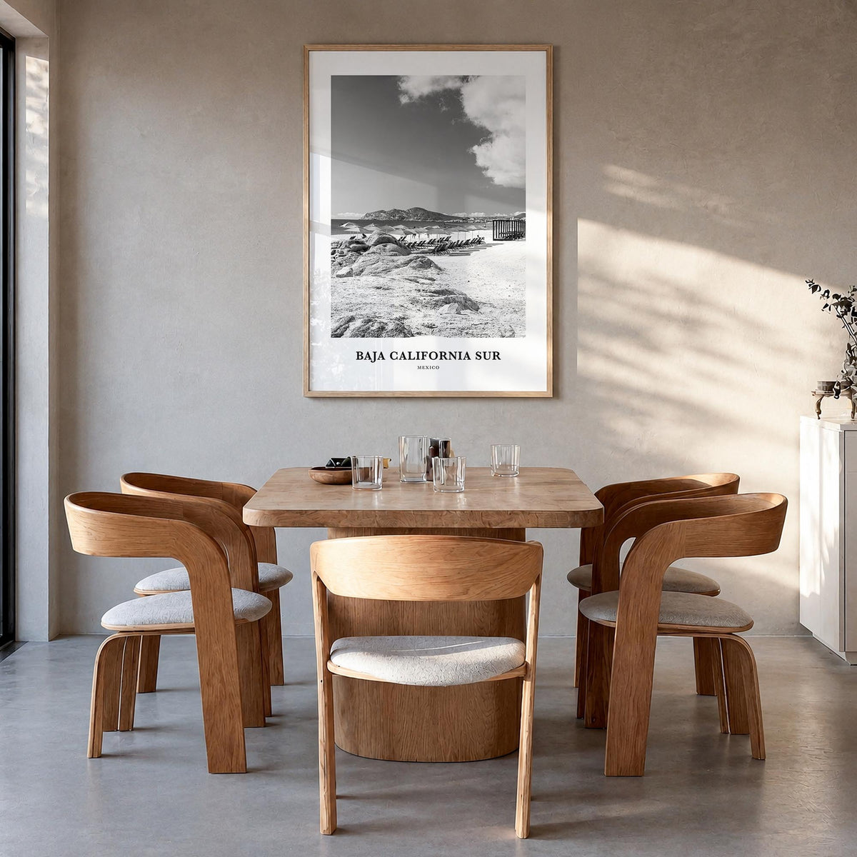 Baja California Sur black & white classic poster of Mexico – vertical wall art in natural wood frame, hanging on wall