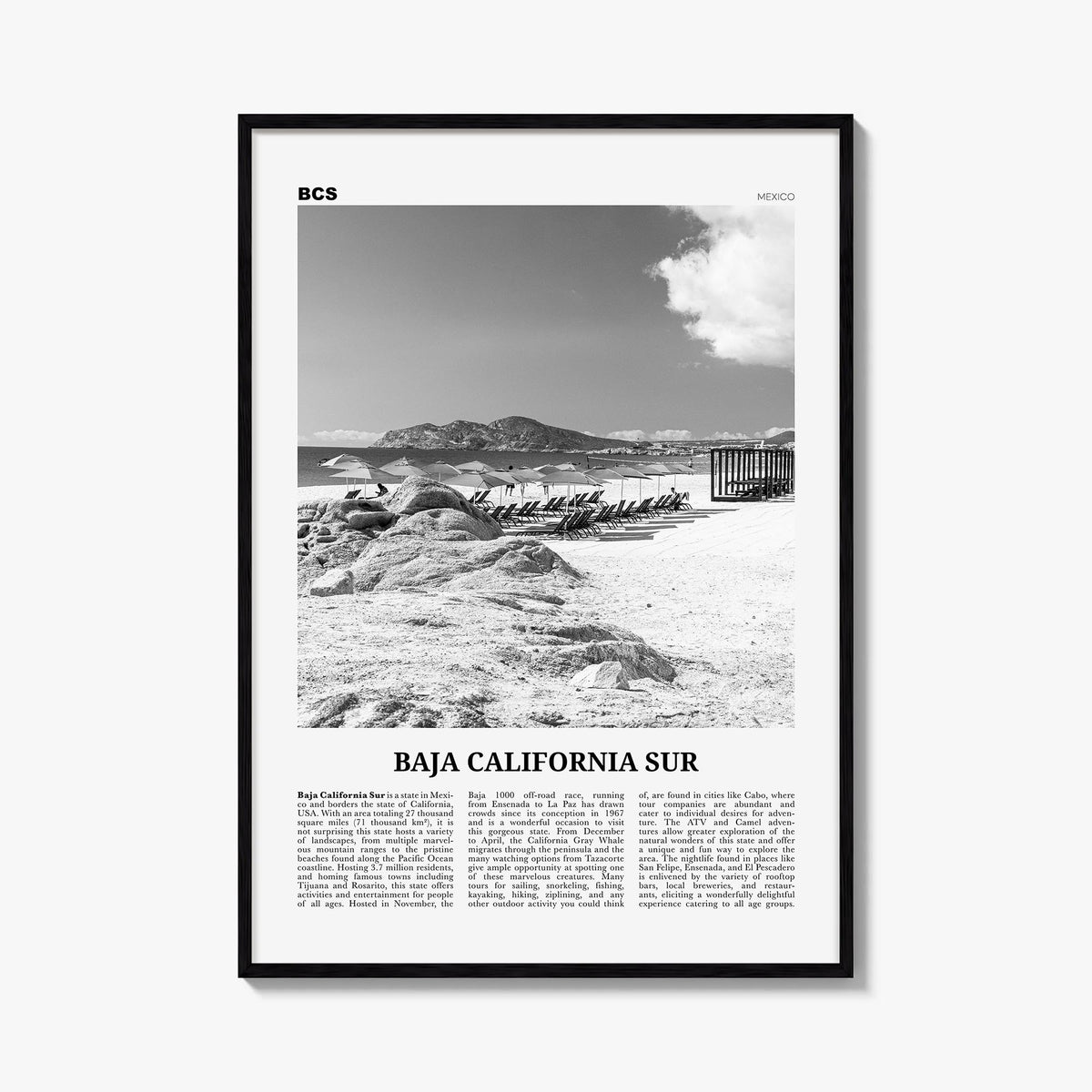 Baja California Sur black & white newspaper poster of Mexico – vertical wall art, unframed print shown in interior mockup