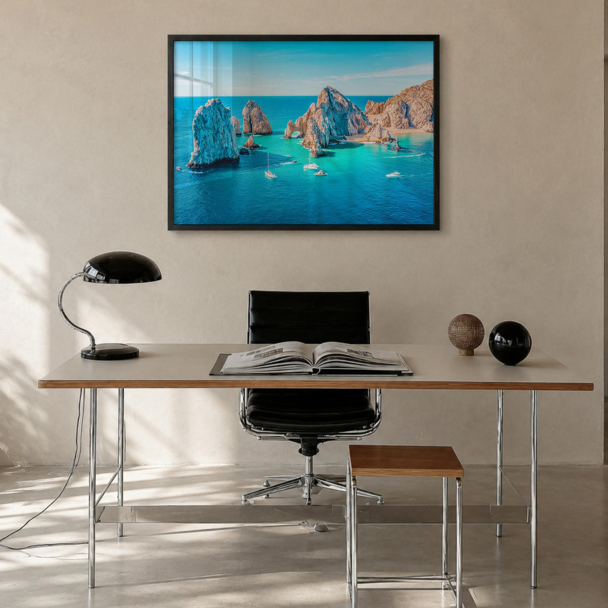 Baja California Sur colorful photo poster of Mexico – horizontal wall art in black wood frame, hanging on wall