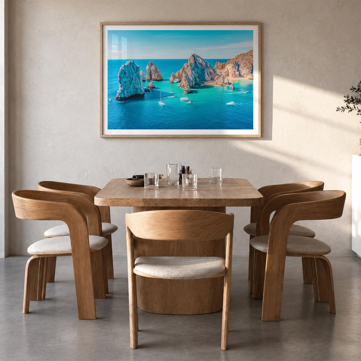 Baja California Sur colorful photo poster of Mexico – horizontal wall art in natural wood frame with white border, hanging on
