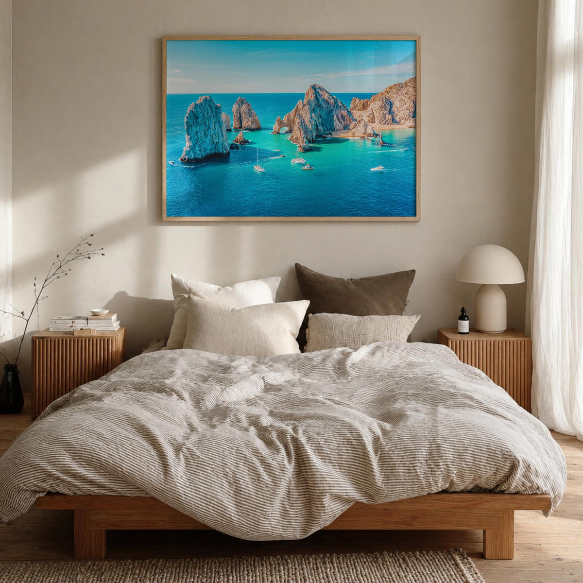 Baja California Sur colorful photo poster of Mexico – horizontal wall art in natural wood frame, hanging on wall
