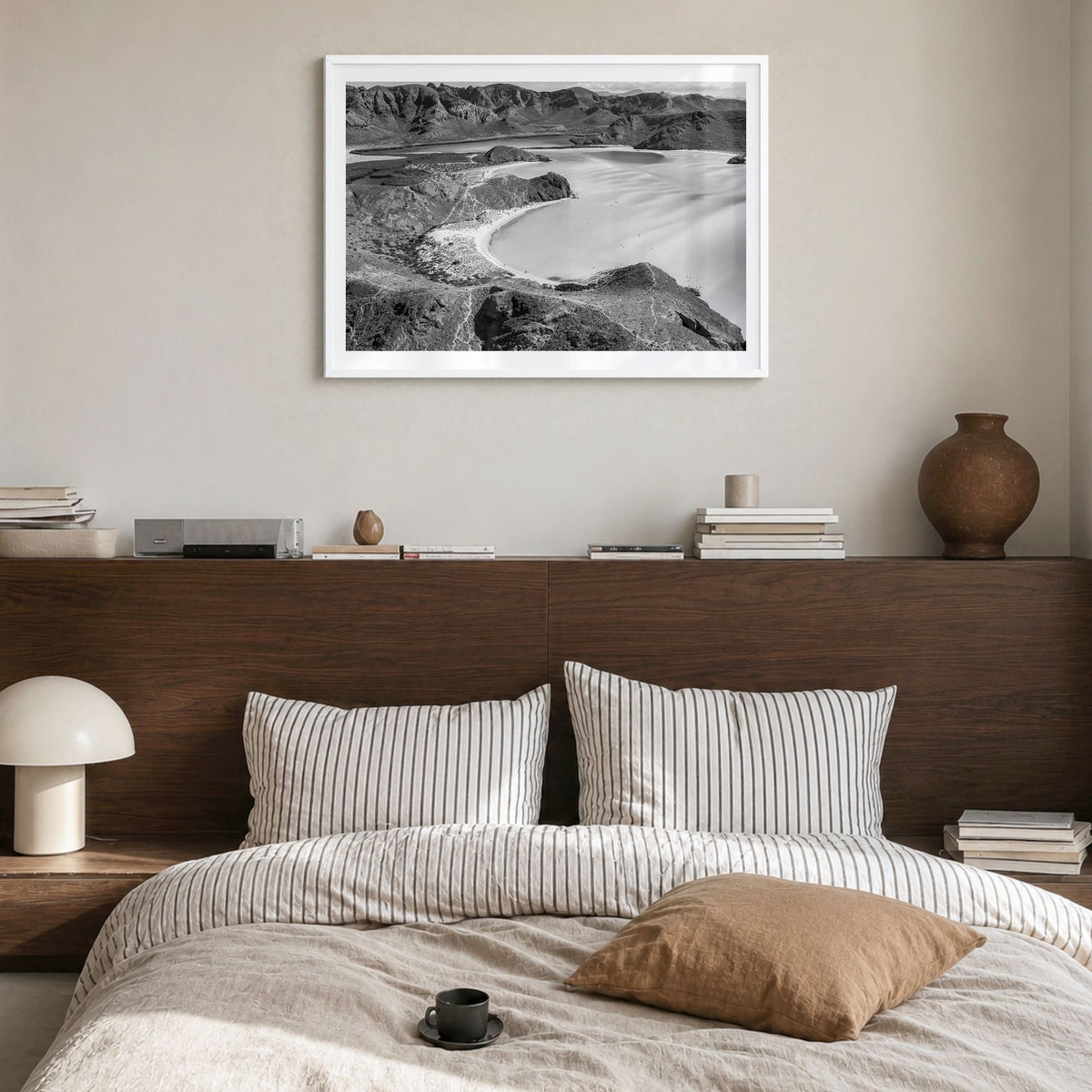 Baja California Sur Photo Poster in a white wood frame, hanging in a bedroom, white border