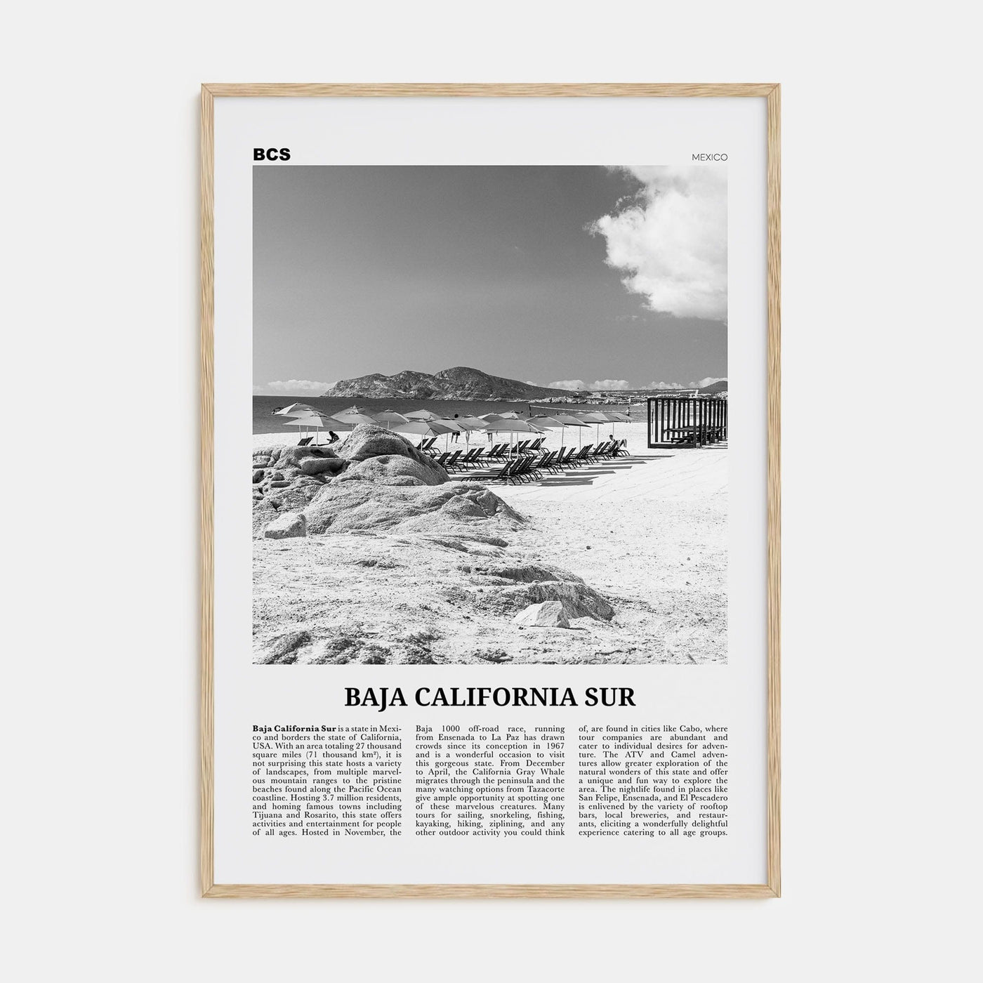 Baja California Sur Poster Natural Wood / 8x12 in Nbourhood Travel B&W Poster