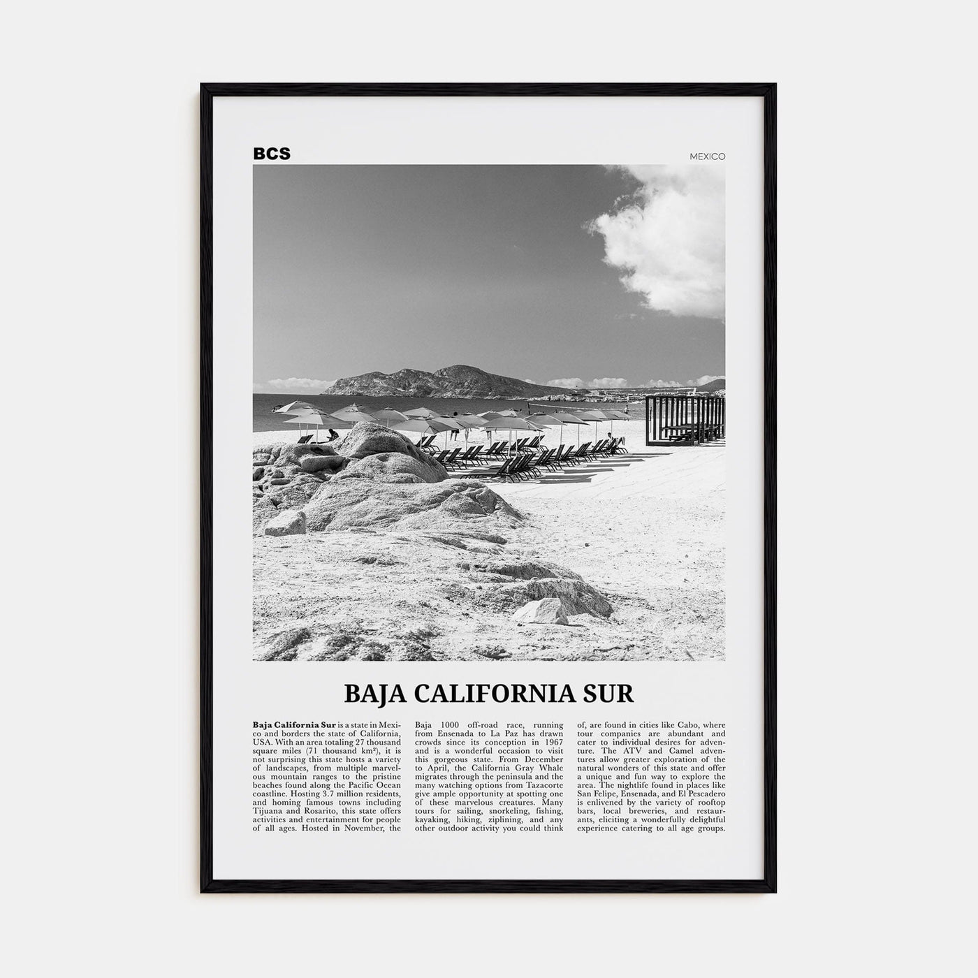 Baja California Sur Poster Black Wood / 8x12 in Nbourhood Travel B&W Poster