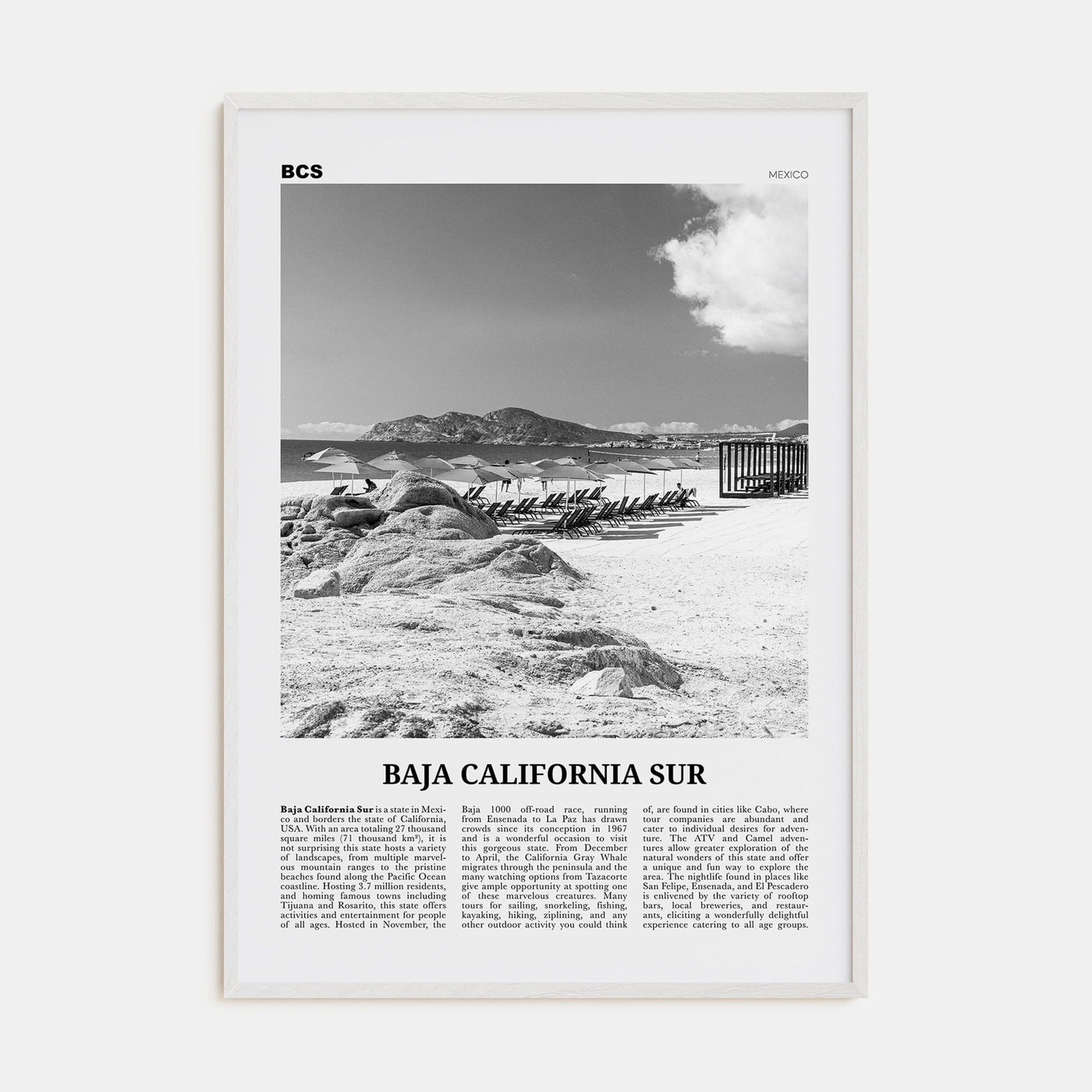 Baja California Sur Poster White Wood / 8x12 in Nbourhood Travel B&W Poster