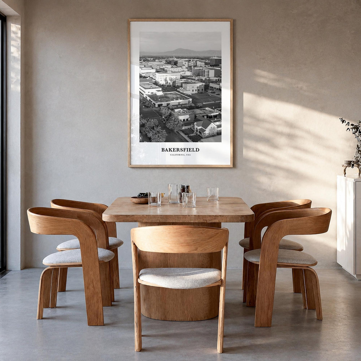 Bakersfield black & white classic poster of California, USA – vertical wall art in natural wood frame, hanging on wall