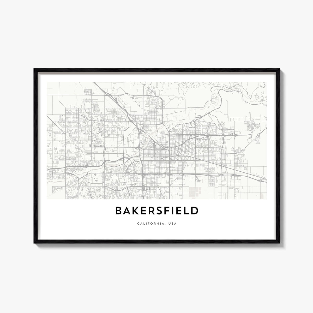 Bakersfield black & white map poster of California, USA – horizontal wall art, unframed print shown in interior mockup