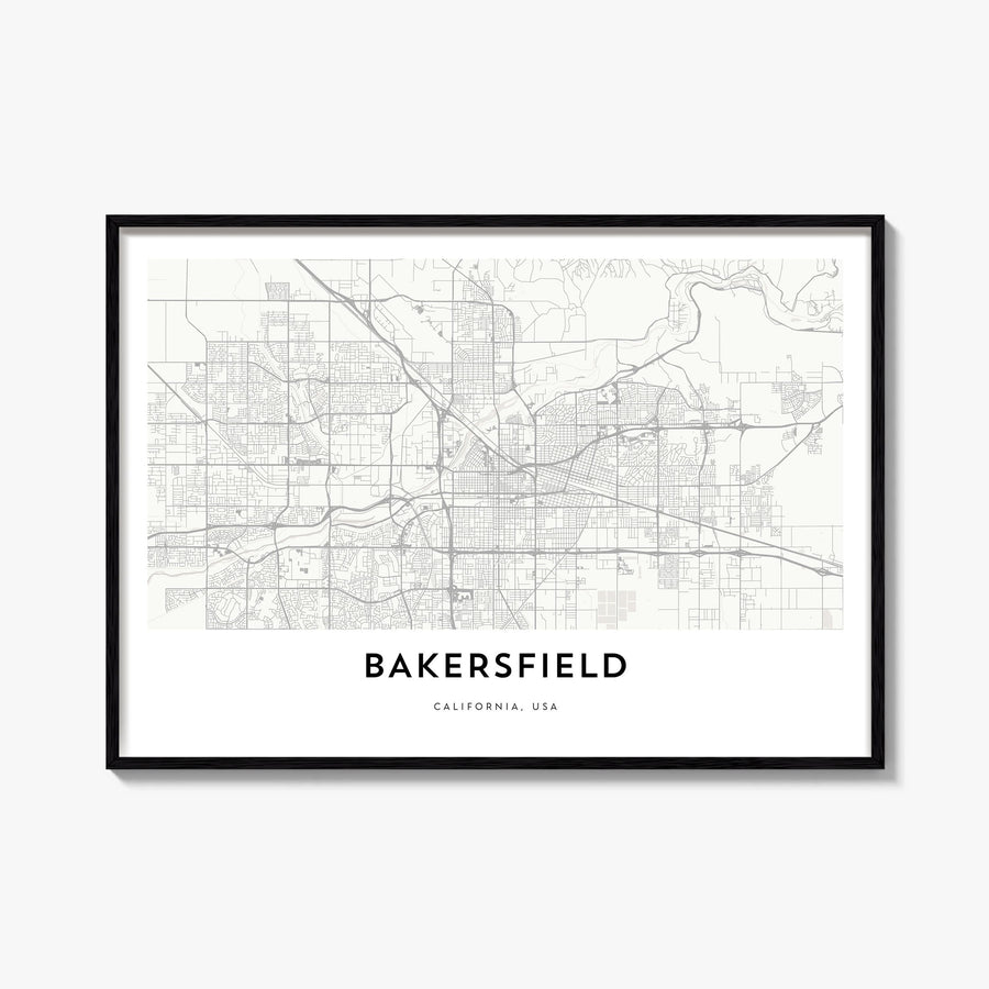 Bakersfield black & white map poster of California, USA – horizontal wall art, unframed print shown in interior mockup