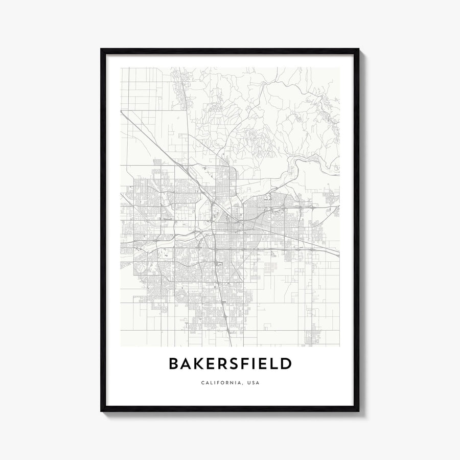 Bakersfield black & white map poster of California, USA – vertical wall art, unframed print shown in interior mockup