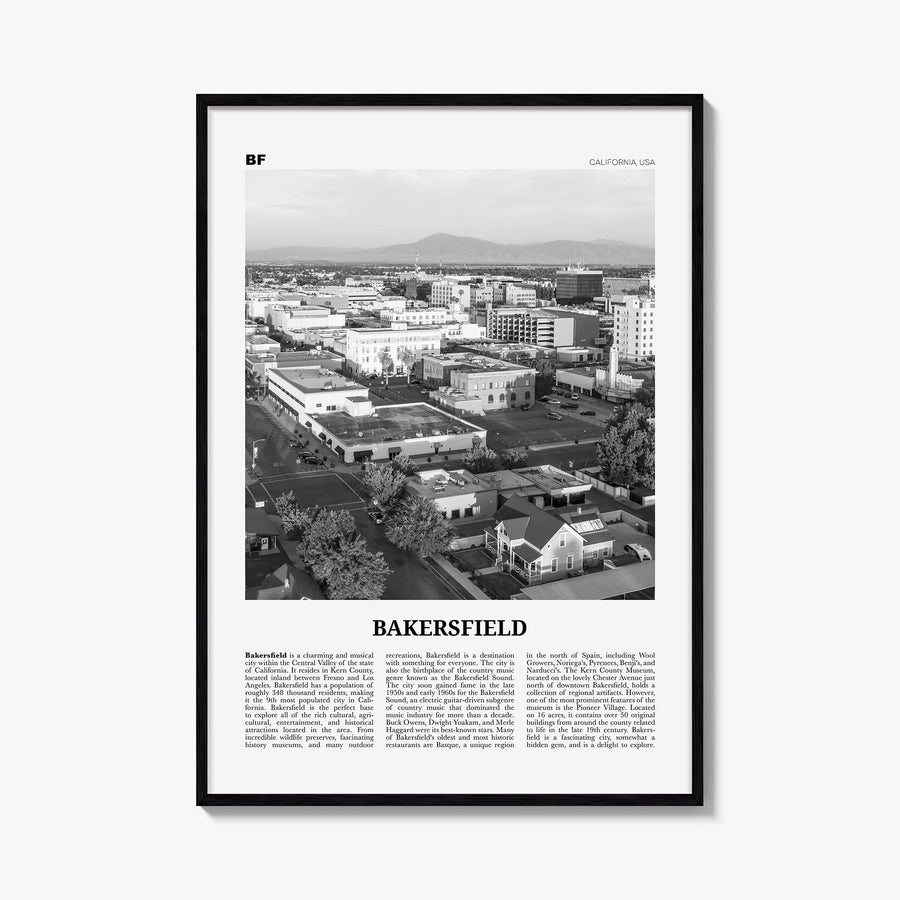 Bakersfield black & white newspaper poster of California, USA – vertical wall art, unframed print shown in interior mockup