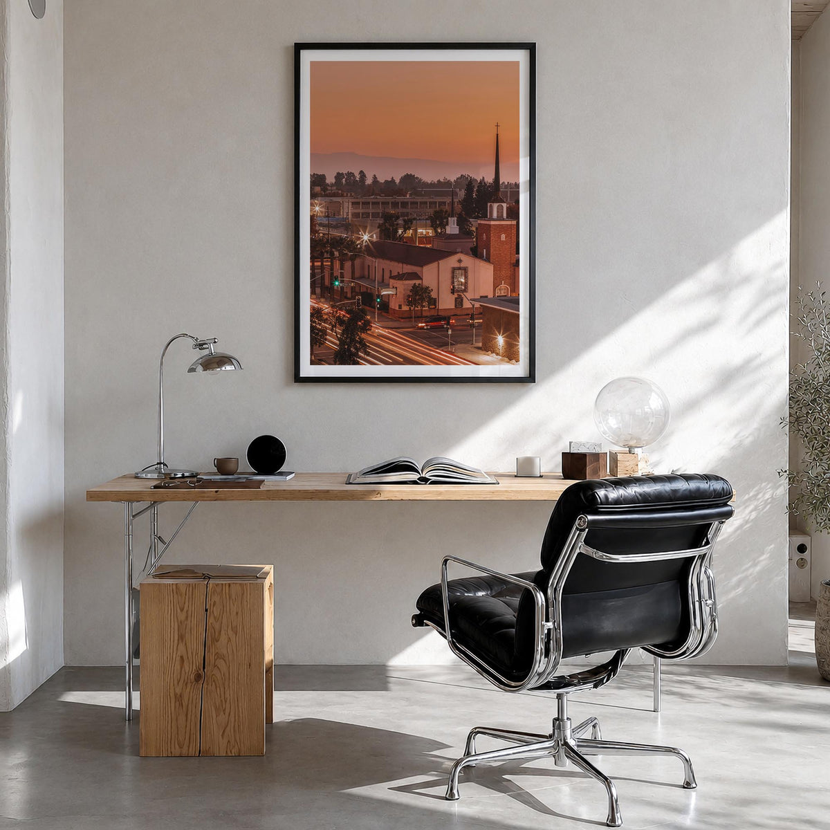 Bakersfield colorful photo poster of California, USA – vertical wall art in black wood frame with white border, hanging on wa