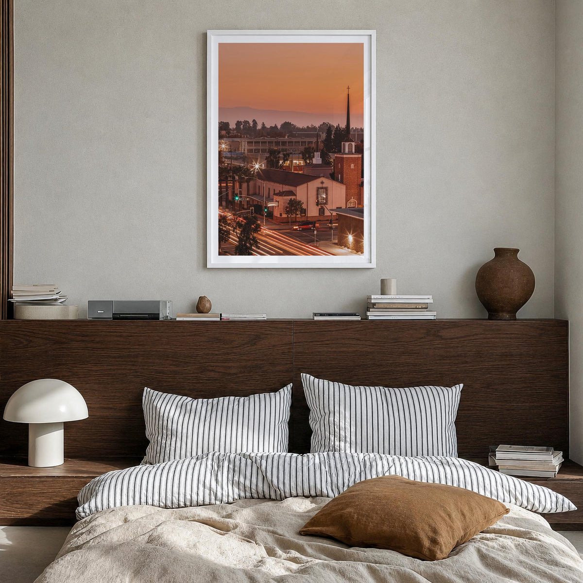 Bakersfield colorful photo poster of California, USA – vertical wall art in white wood frame with white border, hanging on wa