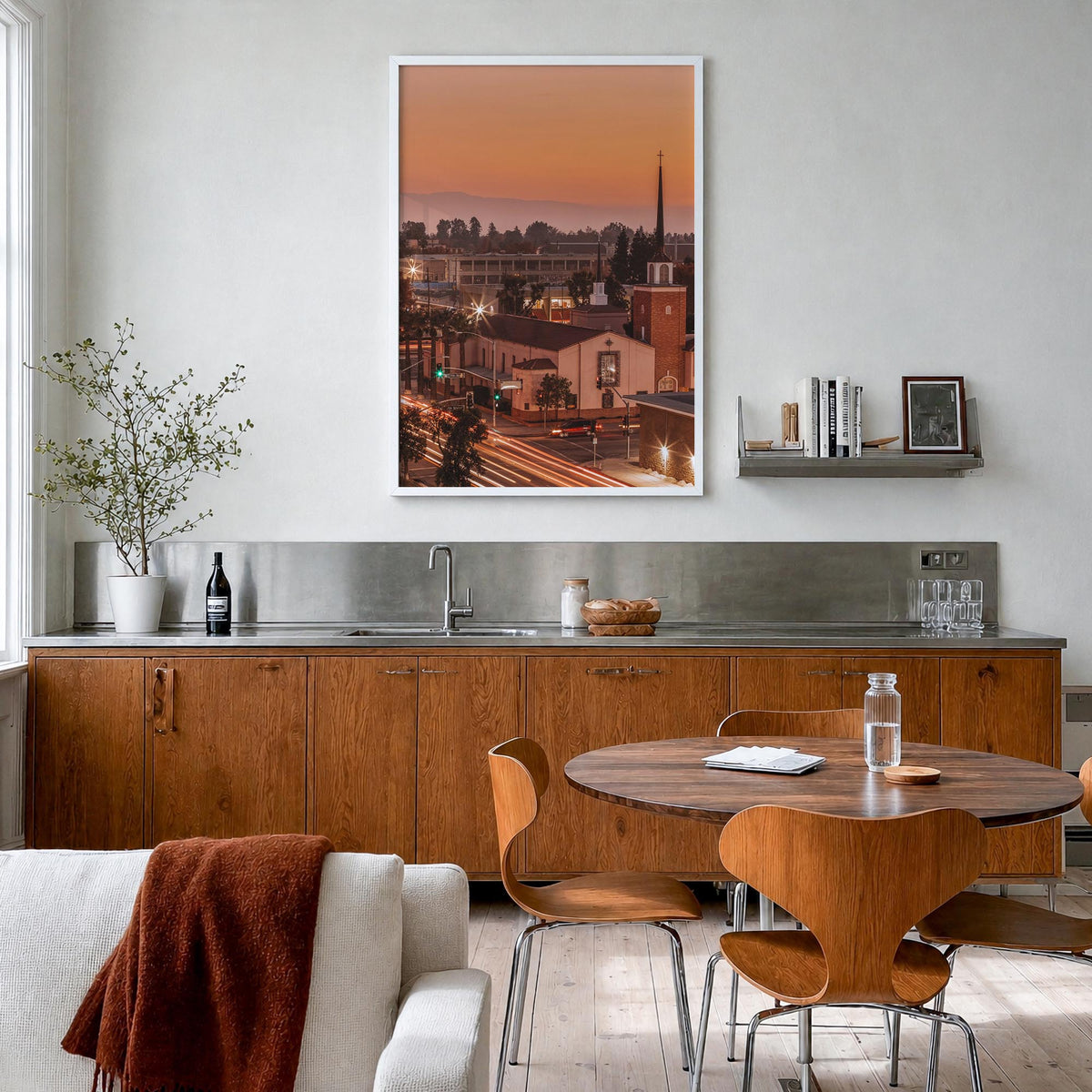 Bakersfield colorful photo poster of California, USA – vertical wall art in white wood frame, hanging on wall