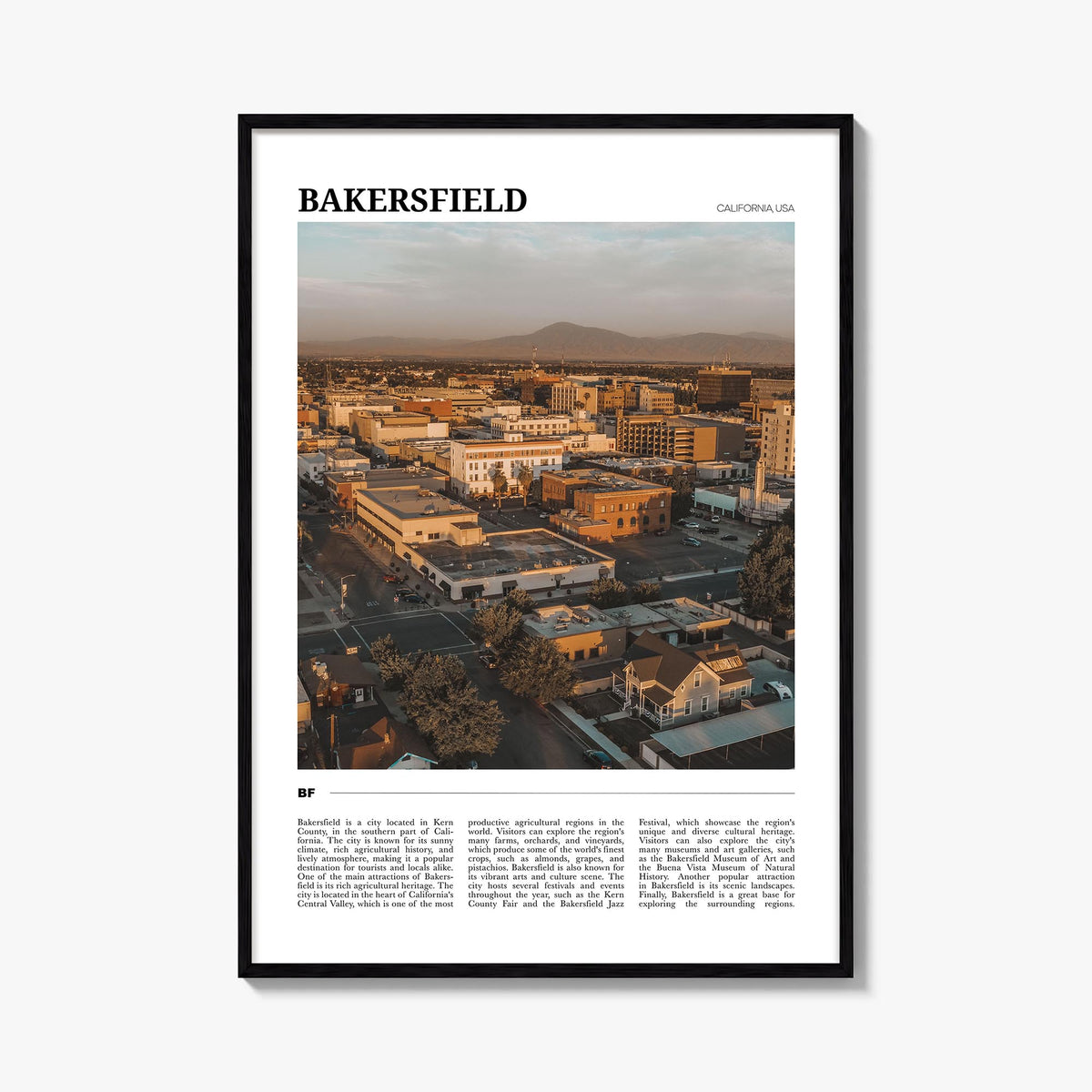 Bakersfield colorful travel poster of California, USA – vertical wall art, unframed print shown in interior mockup