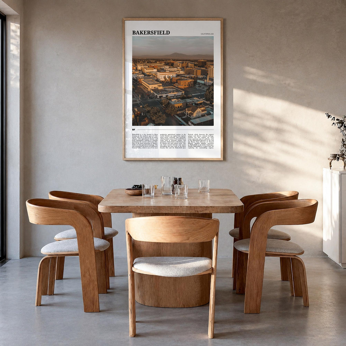 Bakersfield colorful travel poster of California, USA – vertical wall art in natural wood frame, hanging on wall