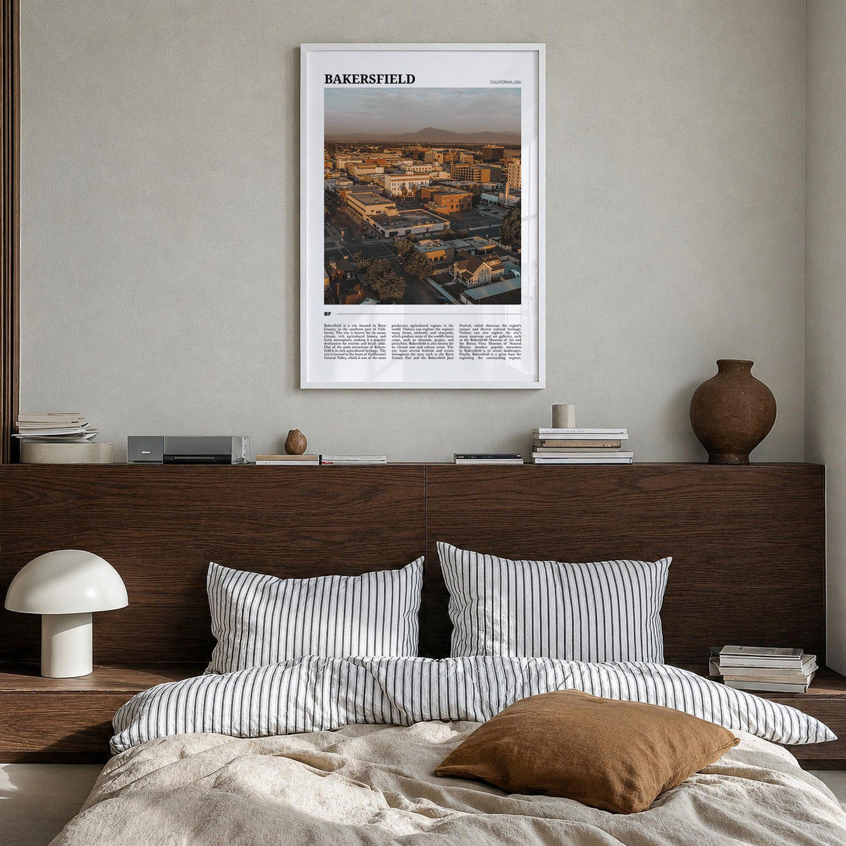 Bakersfield colorful travel poster of California, USA – vertical wall art in white wood frame, hanging on wall