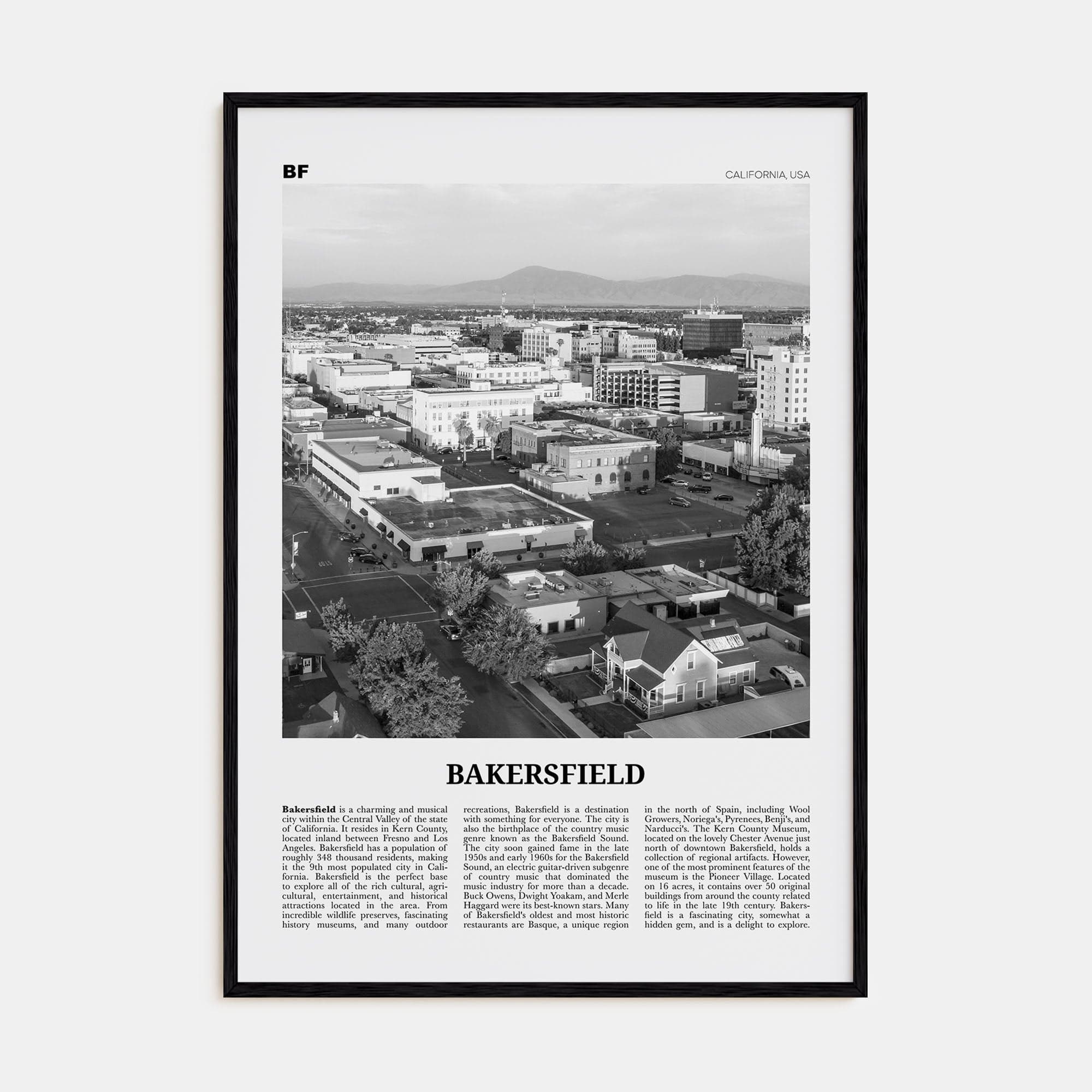 Bakersfield Poster Black Wood / 8x12 in Nbourhood Travel B&W Poster