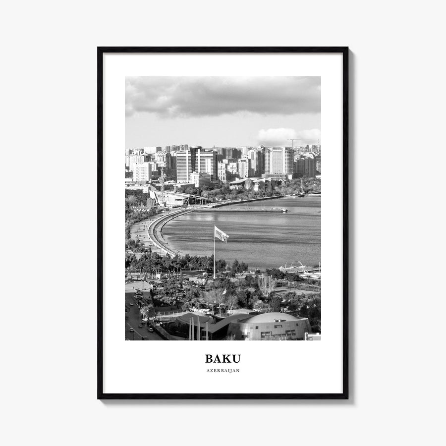 Baku black & white classic poster of Azerbaijan – vertical wall art, unframed print shown in interior mockup