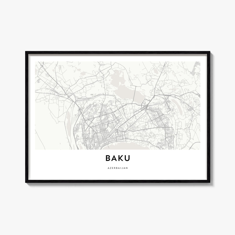 Baku black & white map poster of Azerbaijan – horizontal wall art, unframed print shown in interior mockup