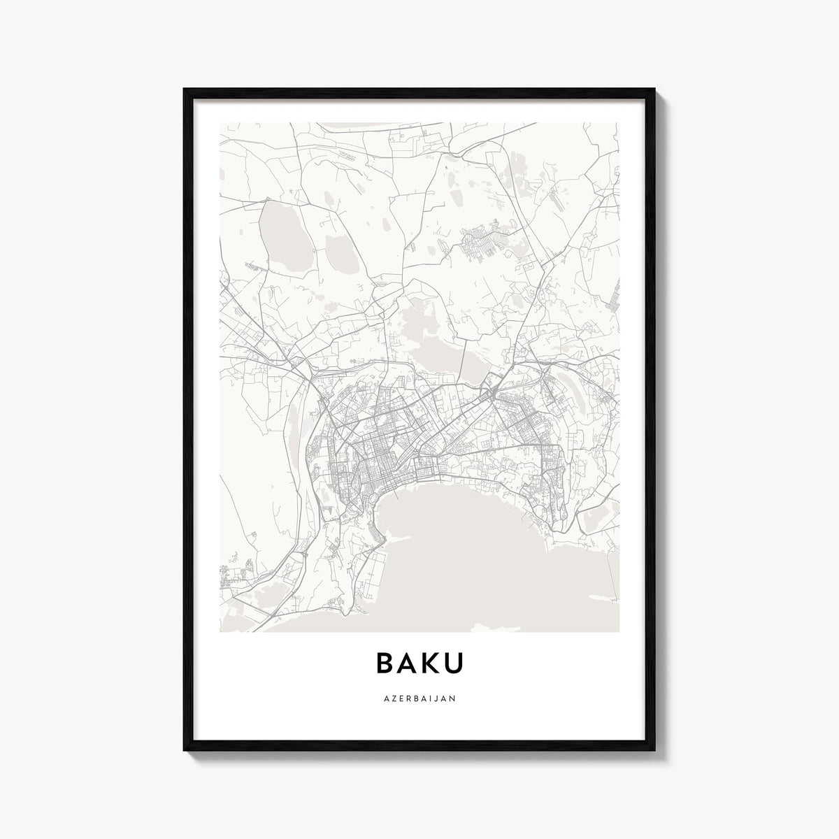 Baku black & white map poster of Azerbaijan – vertical wall art, unframed print shown in interior mockup