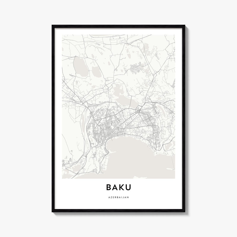 Baku black & white map poster of Azerbaijan – vertical wall art, unframed print shown in interior mockup