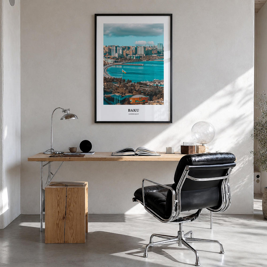 Baku colorful classic poster of Azerbaijan – vertical wall art in black wood frame, hanging on wall